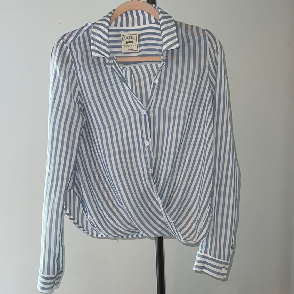 Women’s button down long sleeve, folded detail at bottom front